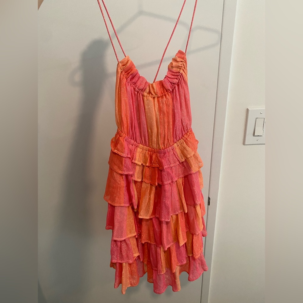 orange & pink mini metallic mini dress from the brand sundress